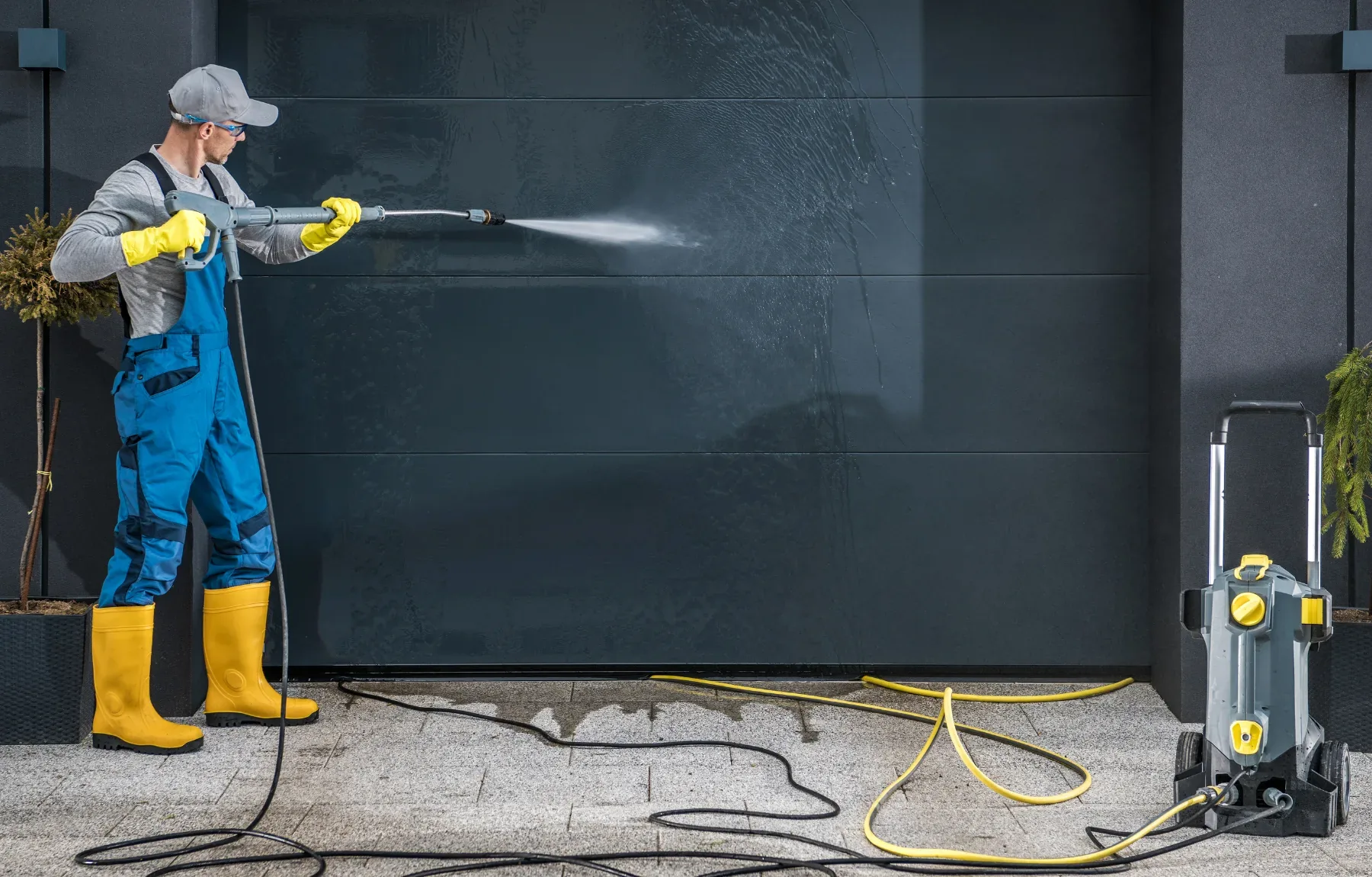 A worker in blue coveralls, a gray cap, safety glasses, yellow rubber gloves, and yellow rubber boots aims a pressure washer